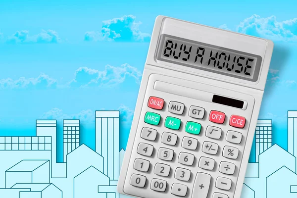 Buy a new house or apartment - concept image with a calculator with BUY A HOUSE text against a city skyline.