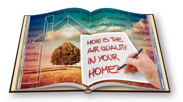 HOW IS THE AIR QUALITY IN YOUR HOME? - concept image with the most common dangerous domestic pollutants in our homes - 3D rendering.