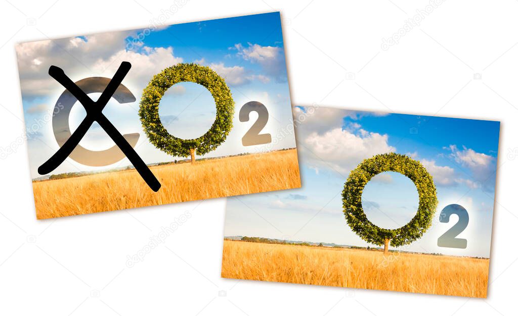 Planting more trees reduce CO2 - reduction of the amount of CO2 emissions - concept with removing letter C from CO2 to get oxygen. 