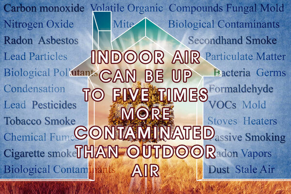 Indoor Air More Contaminated than Outdoor - concept image with the most common dangerous domestic pollutants in our homes.