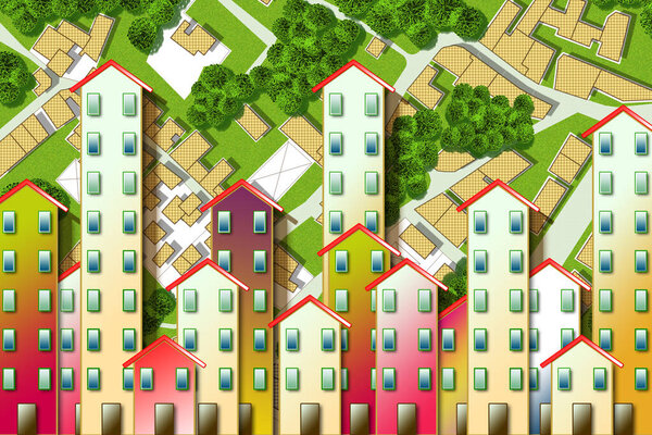 Концепция недвижимости с воображаемой кадастровой картой территории со зданиями, дорогами и земельным участком - иллюстрация концепции земельного кадастра - примечание: фон карты полностью выдуман и не представляет собой никакого реального места