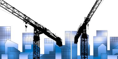 Bir inşaat sahasında kule vinç hayali bir şehir siluetine karşı - inşaat endüstrisi konsepti.