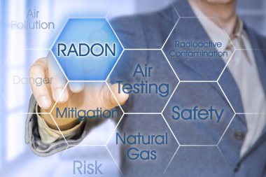 Tehlikeli doğalgaz Radon - Yöneticinin dijital ekrana karşı simgeleri işaret ettiği kavram.
