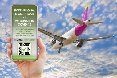 Covid-19 Pasaport ve Bağışıklık Geçidi hakkında mobil uygulamalı bir akıllı telefonu elinde tutarak Covid-19 pandemisi sırasında internetten aşı pasaportu ile uluslararası seyahat etmek tamamen icat edilmiş ve içeriği fotokopi altında bulunmuyor.
