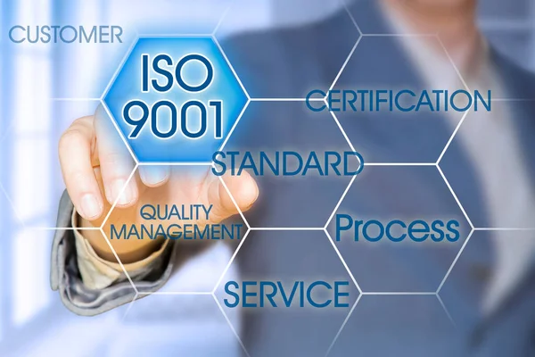 ISO 9001 the standard for quality management criteria relevant for all types of organisations - concept with business manager pointing to icons against a digital display