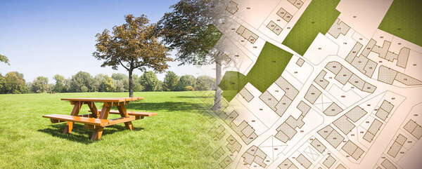 Wooden picnic table on a green meadow of a public park with trees against an imaginary city map with recreation areas, green spaces for leisure activities and municipal services.