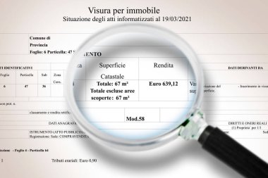 Imaginary italian online digital cadastral certificate of buildings - concept seen through a magnifying glass - Note, image does not contain any sensitive data but only generic data  clipart