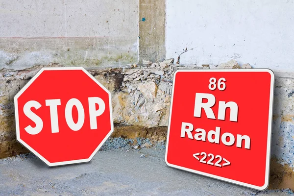 Stop Radon gas concept with a preparatory stage for the construction of a ventilated crawl space in an old building against against the danger of radon gas.