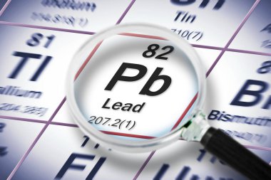 Mendeleev periyodik tablosuna sahip kurşun kimyasal element - Büyüteçle görülen görüntüyü kavra.