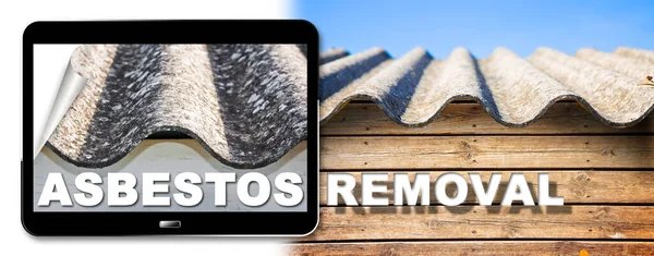 Asbestos Removal Concept Text Digital Tablet Showing Dangerous Asbestos Roof — Stock Photo, Image