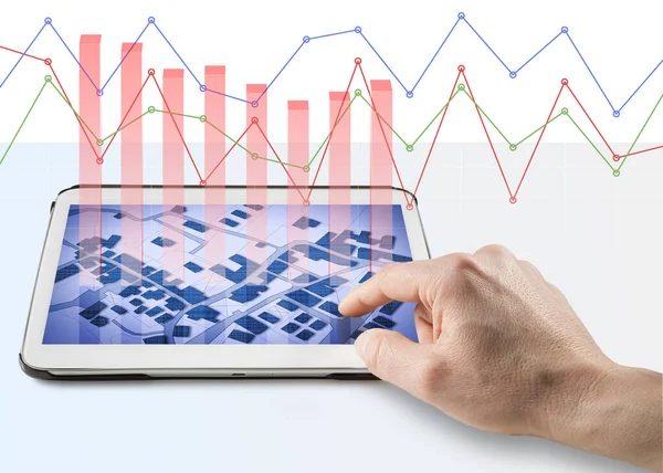 带有假想地籍地图的土地登记册概念图像 数字平板上附有图表 — 图库照片