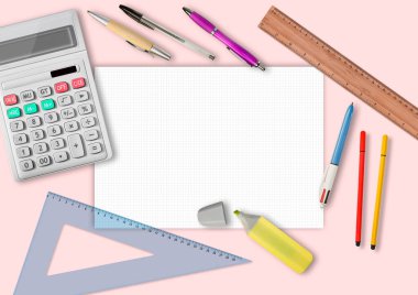 A4 biçiminde boş karelere sahip masaüstü çalışma araçları - metin yerleştirme için kopyalama alanı olan düz tasarım konsept resmi.