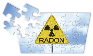 RADON GAS tarafından radyoaktif kirlenme tehlikesi - yol işaretinde radyoaktivite sembolü içeren kavram - yapboz biçiminde konsept