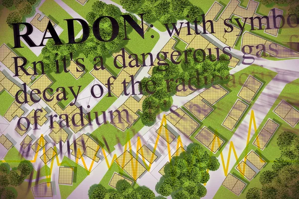 Radon gas the silent killer in our cities - concept image with check-up chart about radon contamination and definition of radon gas over a city map.