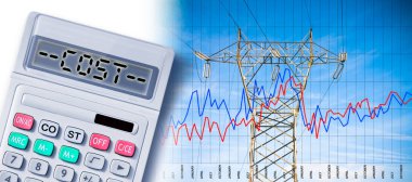Enerji üretimine maliyet grafiği - güç kulesi ve gökyüzü arkaplanı ve hesap makinesinde iletim hatları olan konsept resim.