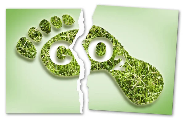 Ripped photo of a Carbon Footprint concept image with CO2 text against footprint in grass shape - CO2 Neutral and ecological concept with foot symbol.