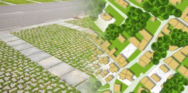 Bir yerleşim bölgesinde binalar, yollar ve merkezi park alanı olan hayali şehir haritası - konsept görüntü.