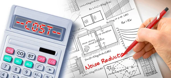 Costs about noise reduction in buildings structures with engineer writing formulas - noise pollution concept with calculator