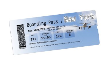 Pas bilet üzerinde beyaz izole New York'a yatılı havayolu 