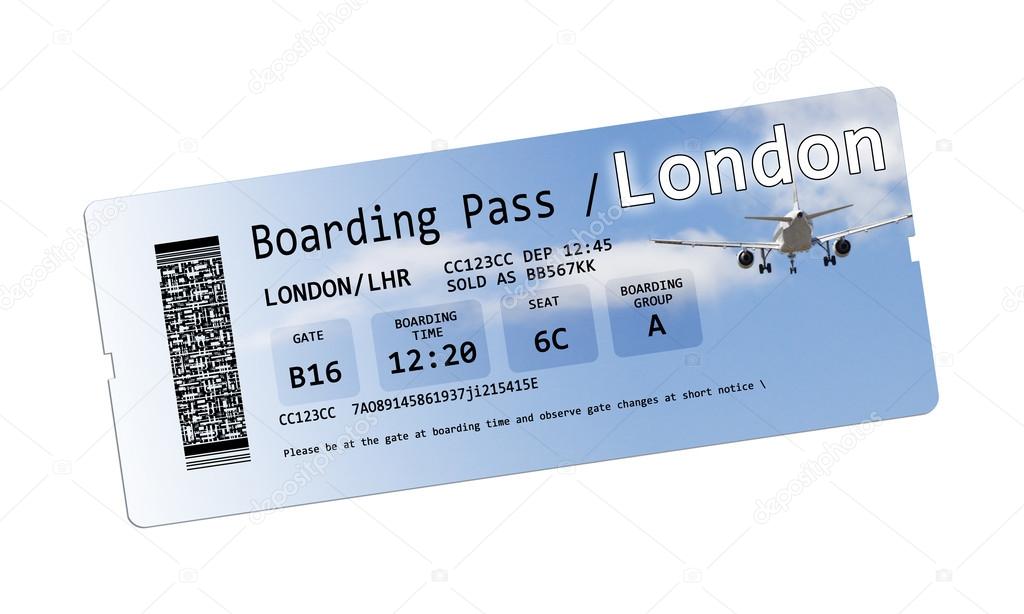 Airline boarding pass tickets to London isolated on white 