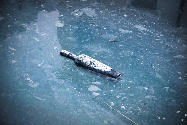 Wine bottle abandoned in a river of polluted water - concept ima