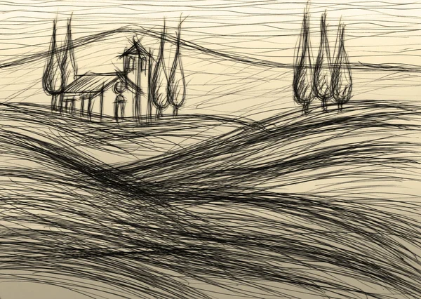 Tuscany landscape - hand made sketch — Stock Photo, Image