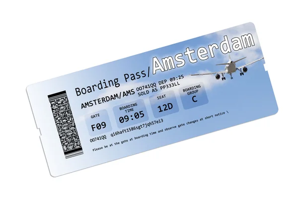 Billetes de avión con tarjeta de embarque a Amsterdam aislados en blanco — Foto de Stock