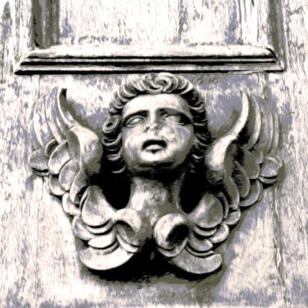 Socha anděla na dřevěné dveře v Itálii - digitální concep — Stock fotografie