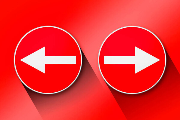 Белые стрелки дорожный знак, указывающий идти влево и вправо на красный фон - Выбор, расхождение, конфликт, контрасты, различные направления, альтернативная концепция 3d иллюстрация