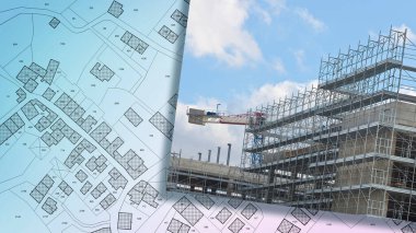 URBAN PLANNING AND MODERN CONSTRUCTION - Concept of architecture with scaffolding building and cadastral map - Ideal for real estate, city development, engineering and infrastructure project