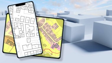FICTIONAL CADASTRAL MAP AND GENERAL URBAN PLANNING DOCUMENTATION ON DIGITAL DEVICE - Zoning regulations, buildable areas with zoning districts, urban destinations, land use, and land plots