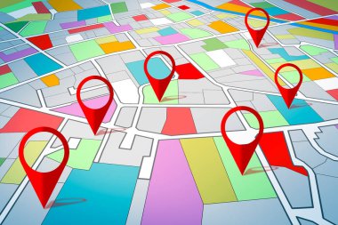 SEARCHING NEW HOME- Concept with an abstract city map of territory with red map pin icon