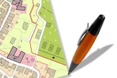 CONCEPTUAL CADASTRAL AND URBAN ZONING MAP - Fictional land registry and General Urban Plan with zoning regulations, land use classification, buildable areas, plot boundaries, and urban planning destinations