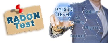 Doğal radon gazı tehlikesi - İşletme yöneticisi dijital ekran karşısında simgeleri işaret ederken Radon test kavramı 