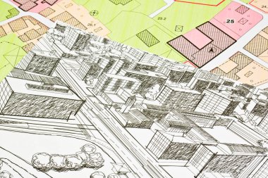 Yeni bir şehir planlamak - Yeni bir modern hayali şehrin kağıt üzerine çizim konsepti