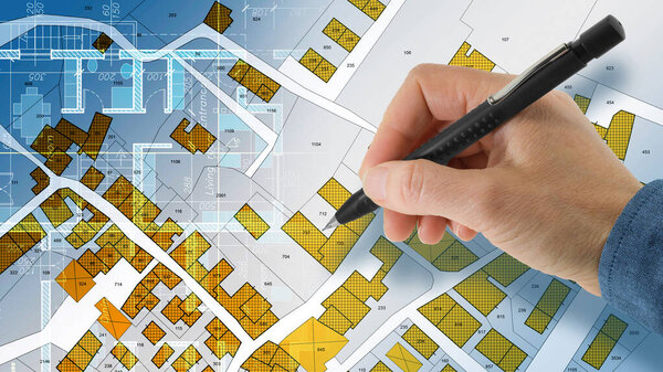 FICTIONAL CADASTRAL MAP OF TERRITORY DRAWN WITH A CAD SOFTWARE (Computer-Aided-Design) and project of a residential building