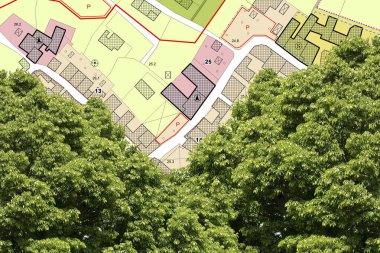 Yeni Binalar Planlamak ve Doğada Yaşamak - Kurgusal kadastro haritası ve ağaçlı yeşil alanlar üzerine şehir planı