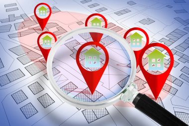 Yeni ev aranıyor - kırmızı harita simgesi olan hayali bir kadastro bölge haritası konsepti