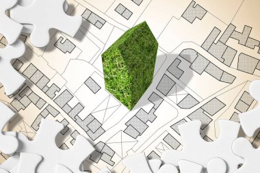 Yeşil binalı hayali şehir haritası - Geleceğin mimarisi - yapboz şekilli çözümler konsepti