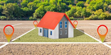 Arazi yönetimi - boş arazili emlak kavramı, küçük ev modelinin satıldığı bir yerleşim bölgesinde inşaat ve konut geliştirme için uygun olan buğday tarlasında yalnız ağaç