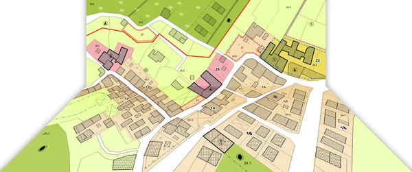 Üç boyutlu hayali şehir planı binalar, inşa edilebilir alanlar ve arazi arazisi ile kentsel varış noktalarını gösteriyor. Not: Harita tamamen icat edilmiş ve gerçek bir yeri temsil etmiyor.