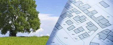 Hayali Şehir Planı ve Kadastro Haritası kentsel varış noktaları yollar, inşa edilebilir alanlar, arazi arazisi ve kırsal bir bölgede Yalnız Ağaç.