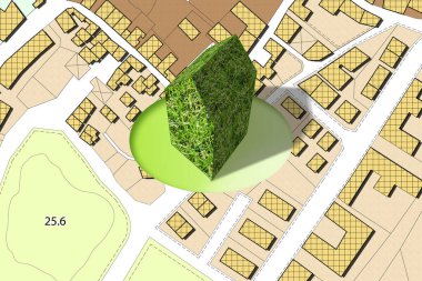 Yeşil bina ile hayali şehir haritası - geleceğin mimarisi - konsept görüntü