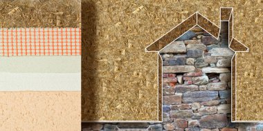 GENGİ EFENİTİKENLİĞİNİ BÜYÜKLENMEK İSTİYOR VE taş bir duvara karşı termal kayıpları azaltmak - ev simgesi ile enerji verimliliği ve tasarruf kavramı oluşturmak