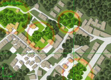 Şehirlerdeki ağaçların sayımı - yeşil yönetim ve ağaç haritalama kavramı işaretlenmiş ağaçlarla birlikte hayali şehir haritası