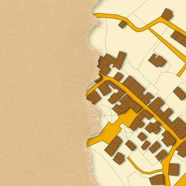 Binaların, yolların ve arazi parsellerinin olduğu hayali kadastro haritası karton bir arkaplan üzerine metin eklemek için metin alanı.