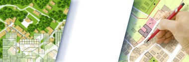 COPY SPACE FOR TEXT WITH URBAN PLANNING AND REAL ESTATE CONCEPT - Conceptual background showing property development, zoning, investment, cadastral mapping and architecture strategy