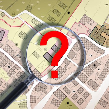 IMAGINARY GENERAL URBAN PLAN QUESTION MARK CONCEPT -  Zoning regulations with zoning districts, urban destinations, land use, buildable areas and land plot