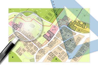 Plastik set kare ve büyüteç hayali bir Şehir Planı üzerine - 3 boyutlu görüntüleme konsepti fotokopi alanı ile - not: harita tamamen icat edilmiş ve gerçek bir yeri temsil etmiyor