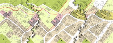 URBAN PUZZLE MAP CONCEPT OF PLANNING, STRATEGY AND CITY GROWTH - Metaphorical illustration for architecture design, teamwork, organization, real estate planning, urban connection